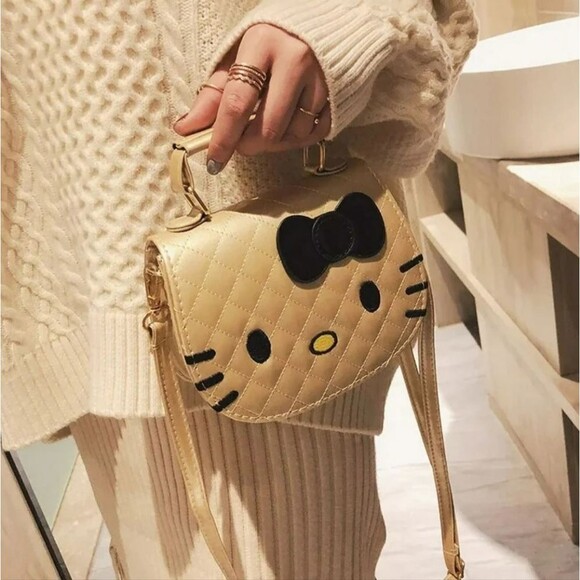 NWT Hello Kitty Gold Quilted Crossbody Mini Handbag Cartoon Argyle Anime Sanrio - Picture 3 of 4